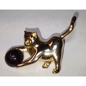 Vintage Gold Tone Cat Kitten Brooch Pin Playing With Ball 2"